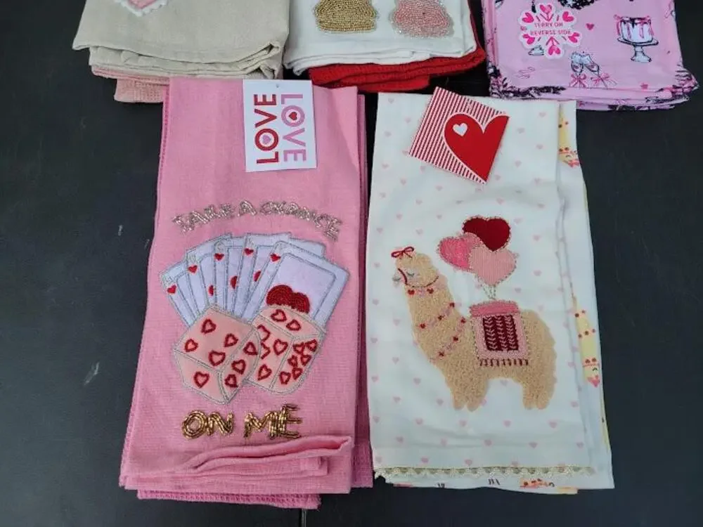 Valentine Hearts Kitchen Tea Towels Set 5Pc Cotton Embroidered Multicolor